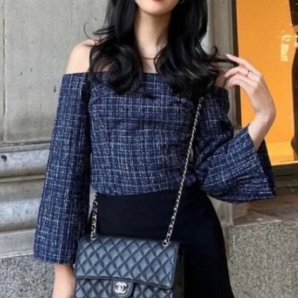 Zara Navy Blue Tweed Off-Shoulder Top